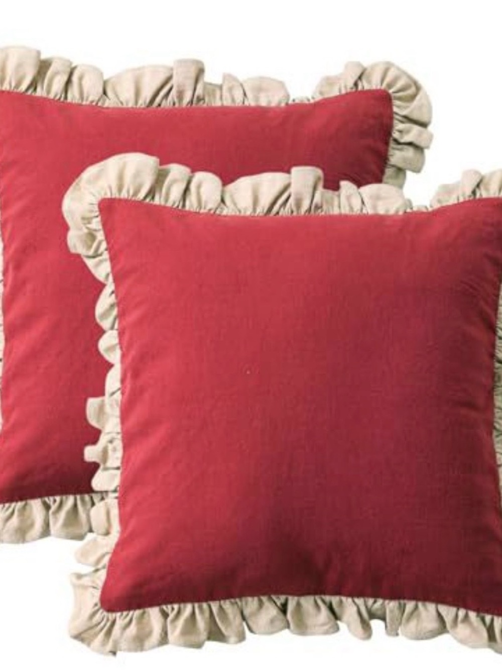 Red Ruffled Throw Pillow Pair with Cream Trim